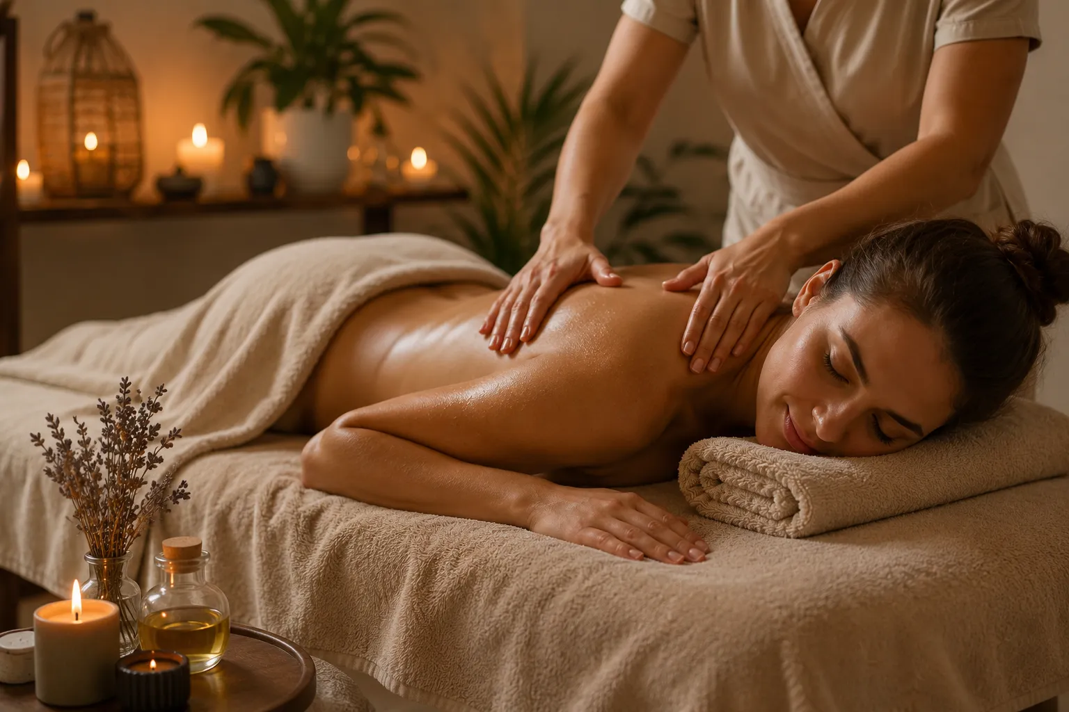 Massage bien-être du dos en cabinet, lumière tamisée et ambiance relaxante
