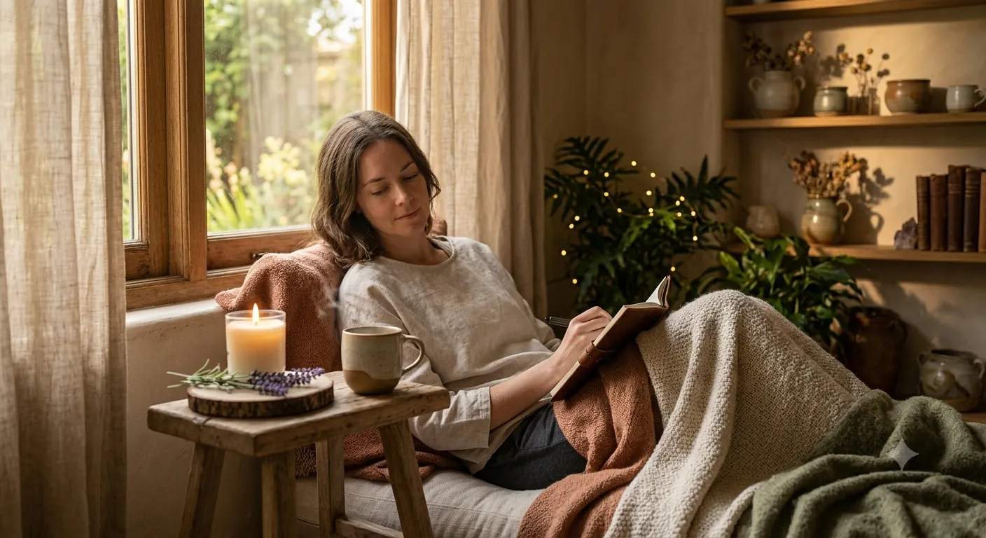 Bilan d'hygiène de vie en naturopathie : carnet de suivi et infusion dans un intérieur apaisant