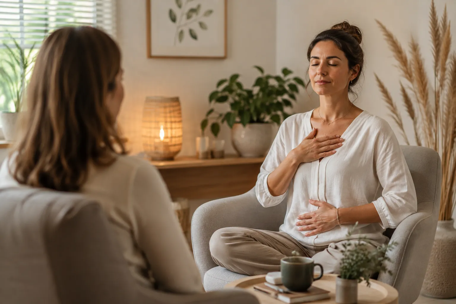 Séance de sophrologie : exercice de respiration guidée en cabinet